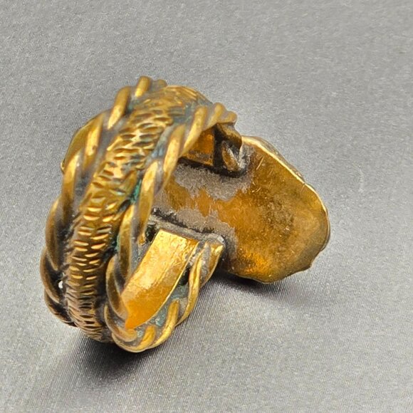 VTG Southwestern Brass & Red Coral Ring Size 8 Leaf Motif Etched Rope Band - Picture 4 of 12